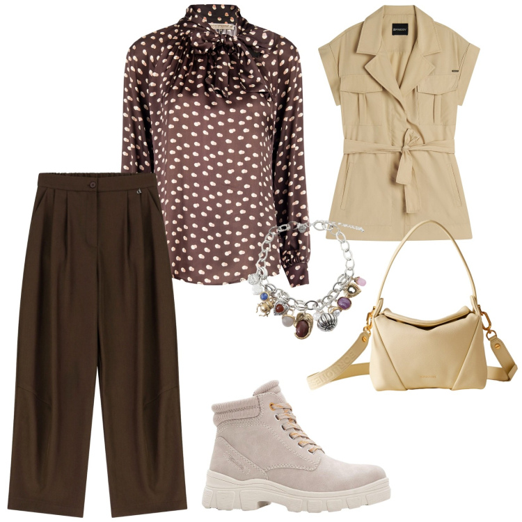 Outfit donna - Autunno caldo. per Tutti i giorni. Abbinamento con stivaletti, braccialetti con ciondoli, pantaloni a palazzo, borse a spalla, bluse, trench.