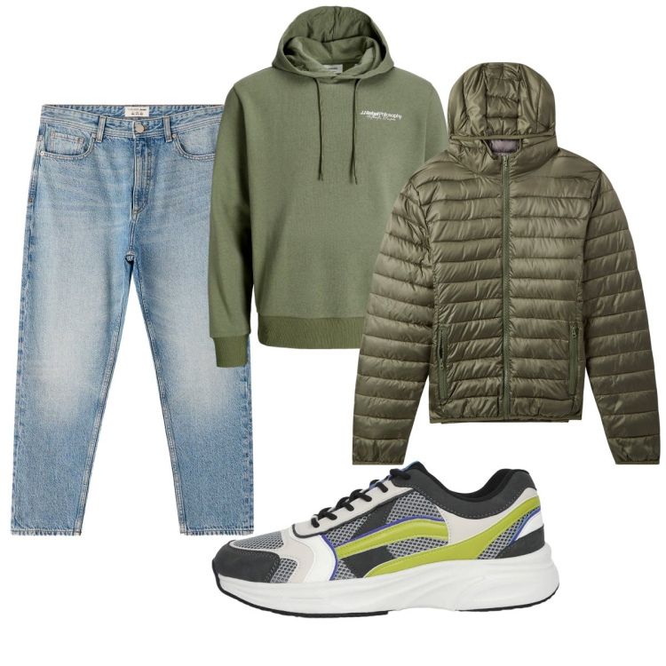 Outfit uomo - Total look #2268427. Stile Casual per Tutti i giorni. Abbinamento con felpe con cappuccio, piumini, jeans dritti, sneakers.