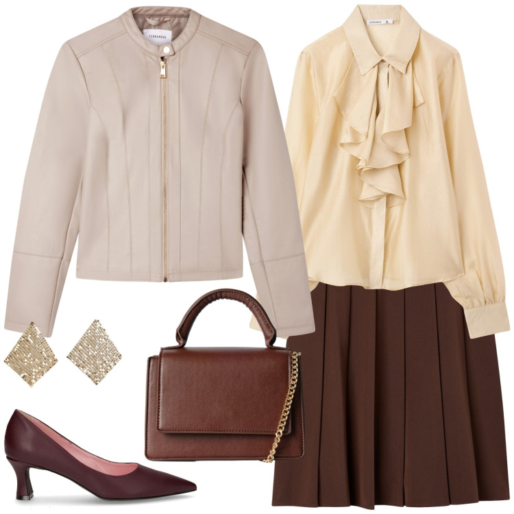 Outfit donna - Incontri culturali. Stile Bon Ton per Serata fuori. Abbinamento con orecchini, camicie, borse a tracolla, gonne lunghe, giacche, décolleté.