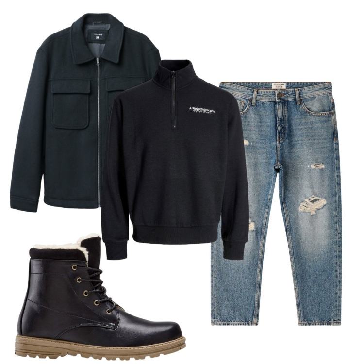 Outfit uomo - Total look #2268429. Stile Urban per Tutti i giorni. Abbinamento con felpe, stivali e stivaletti, cappotti, jeans strappati.