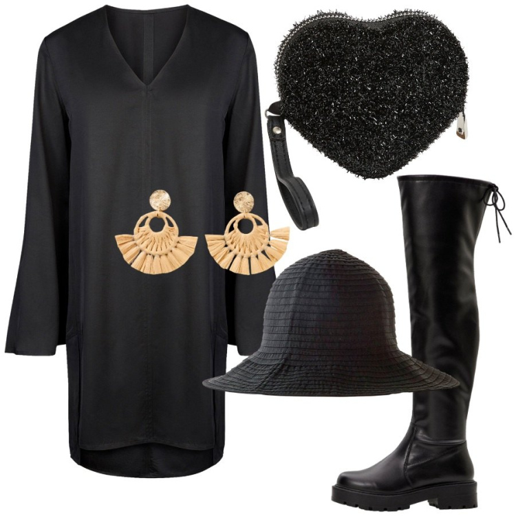 Outfit donna - Dolcetto o scherzetto. Stile Glamour per Serata fuori. Abbinamento con stivali sopra il ginocchio, orecchini, cappelli, portafogli, vestiti a tubino.