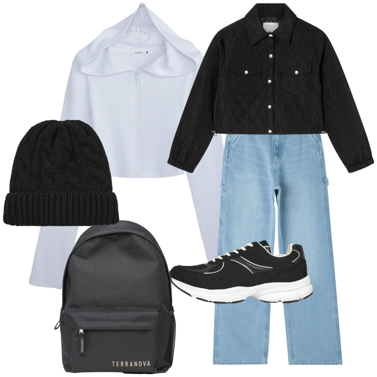 Outfit donna - Terranova free time. Stile Casual per Tutti i giorni. Abbinamento con jeans, felpe con cappuccio, zaini, sneakers, giacche, berretti.