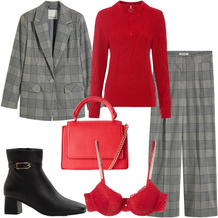 Outfit donna - Total look #2268440. Stile Casual chic per Ufficio. Abbinamento con blazer, pantaloni, maglieria, stivaletti, borse a tracolla, reggiseni a balconcino.