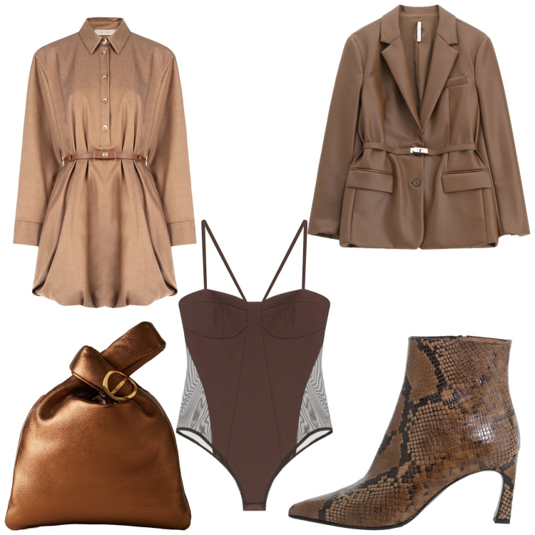 Outfit donna - Total look #2268444. Stile Glamour per Serata fuori. Abbinamento con borse a mano, vestiti chemisier, blazer, body, stivaletti.