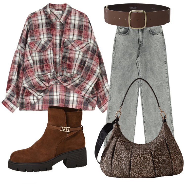 Outfit donna - Una bella boscaiola. Stile Casual per Tutti i giorni. Abbinamento con camicie, jeans, cinture, borse a spalla, stivaletti.