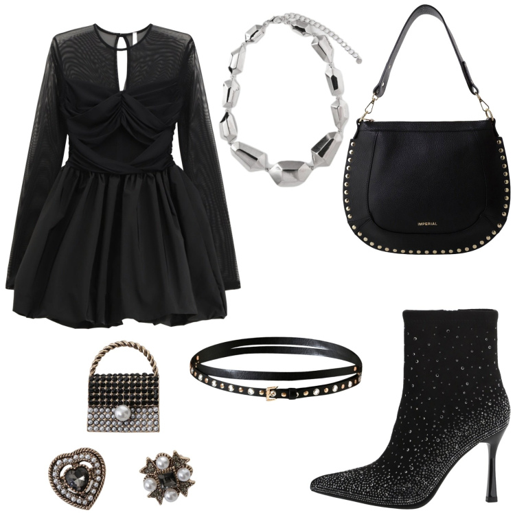 Outfit donna - Total look #2268446. Stile Sexy per Serata fuori. look ideale per Petite. Abbinamento con cinture, vestiti corti, stivaletti, borse a spalla, accessori per capelli, ciondoli.