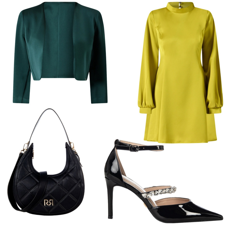 Outfit donna - Rinascimento saldi di meta\' stagione. Stile Glamour per Cerimonia. Abbinamento con vestiti corti, borse a tracolla, bolero, décolleté.