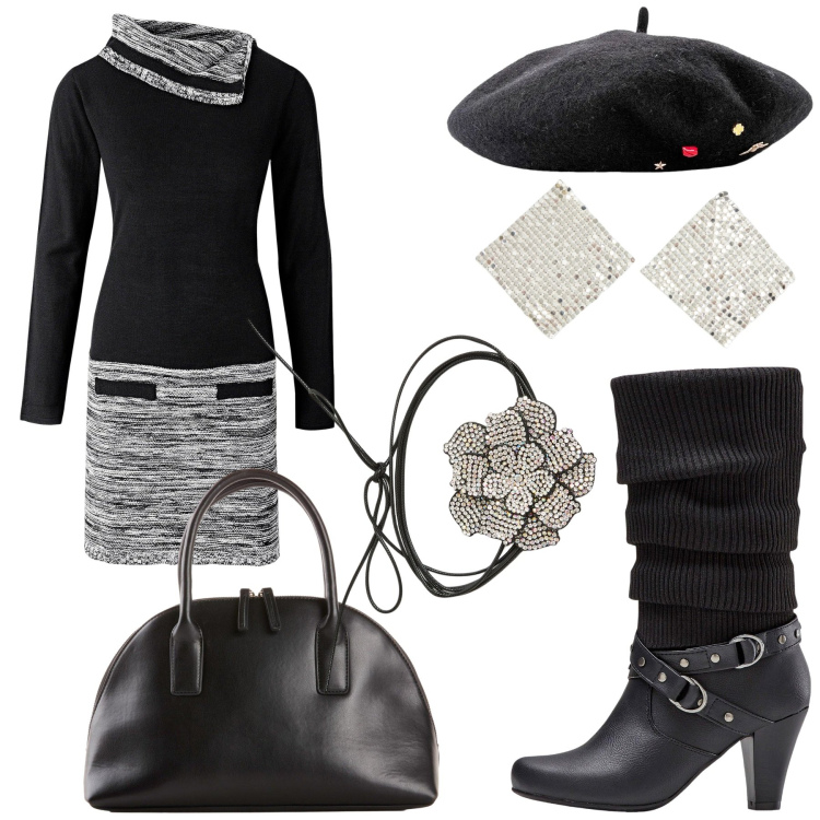 Outfit donna - Total look #2268450. Stile Rock per Serata fuori. Abbinamento con stivali, cappelli e berretti, vestiti, shopping bag, collane, orecchini.