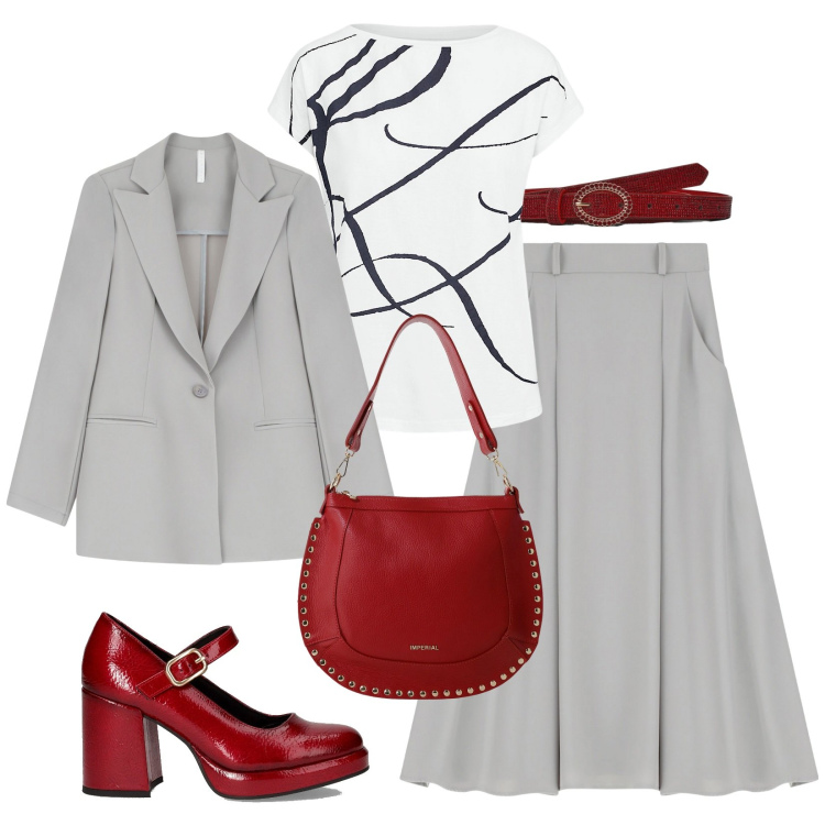 Outfit donna - Amiche trendy. Stile Trendy per Serata fuori. Abbinamento con cinture, borse a spalla, blazer, gonne lunghe, maglieria, décolleté.