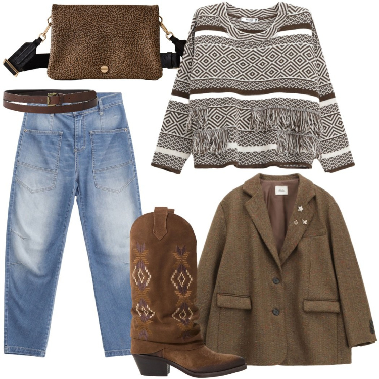 Outfit donna - Lo stivale texano sui jeans. Stile Casual chic per Tutti i giorni. Abbinamento con jeans, maglieria, blazer, cinture, stivali, borse a tracolla.