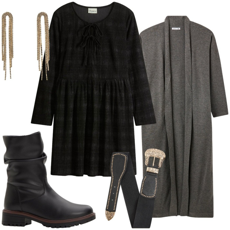 Outfit donna - Abito mini e cardigan lungo. Stile Casual chic per Tutti i giorni. Abbinamento con stivali, vestiti corti, cardigans, orecchini, cinture.