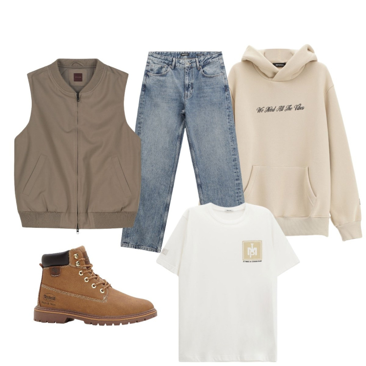 Outfit uomo - Total look #2268455. Stile Casual per Tutti i giorni. Abbinamento con stivali e stivaletti, jeans dritti, felpe con cappuccio, t-shirt, giacche.