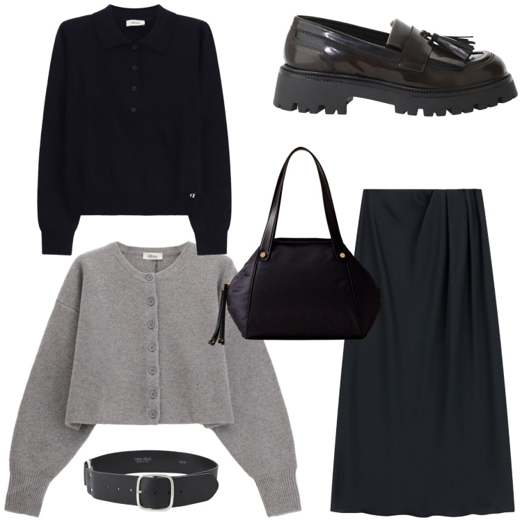 Outfit donna - Workwear. Stile Trendy per Ufficio. Abbinamento con shopping bag, gonne lunghe, cinture, mocassini, cardigans, pullovers.