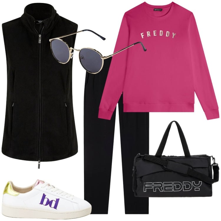 Outfit donna - In palestra. Stile Sporty chic per Sport. Abbinamento con gilet, occhiali da sole, sneakers, pantaloni, felpe, borse sportive.