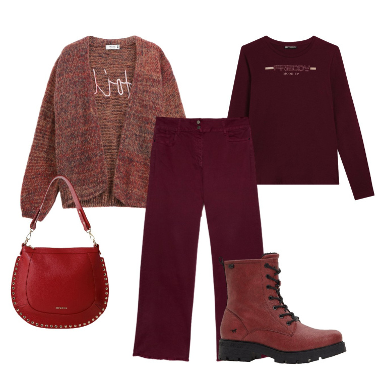 Outfit donna - colori d\'autunno. Stile Casual per Tutti i giorni. Abbinamento con stivaletti, t-shirt, cardigans, borse a spalla, jeans dritti.
