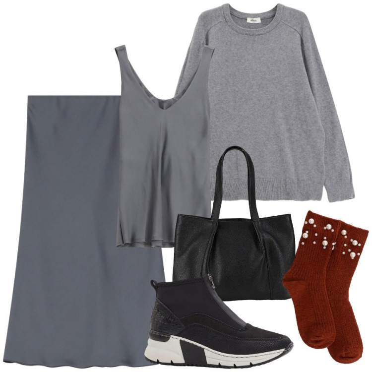 Outfit donna - Tempo di calzini. Stile Chic per Tutti i giorni. Abbinamento con sneakers, shopping bag, gonne, top, calzini, pullovers.