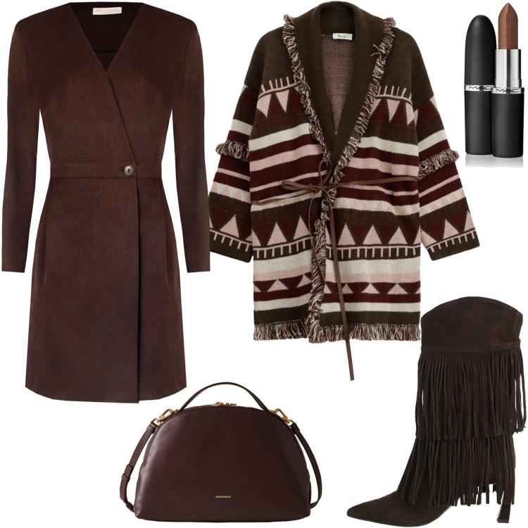 Outfit donna - Gli stivali con frange marrone. Stile Urban per Serata fuori. Abbinamento con rossetti, vestiti corti, cappotti, stivali, borse a mano.