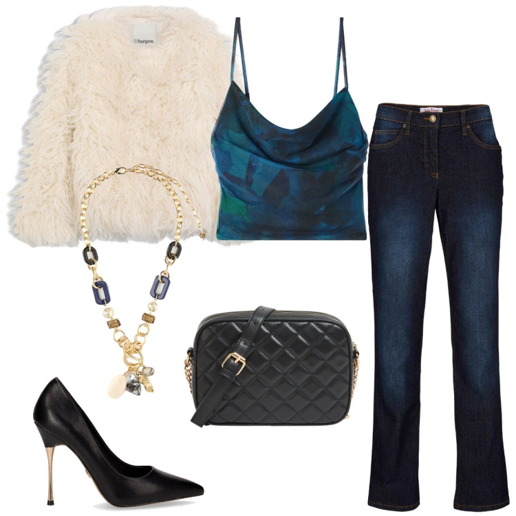 Outfit donna - Total look #2268465. Stile Casual chic per Serata fuori. Abbinamento con jeans dritti, ecopellicce, borse a tracolla, canottiere, décolleté, collane.