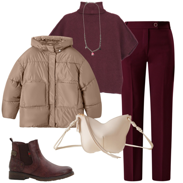Outfit donna - Bordeaux in autunno. Stile Casual per Ufficio. Abbinamento con stivaletti chelsea, bomber, borse a tracolla, pantaloni skinny, maglieria, ciondoli.