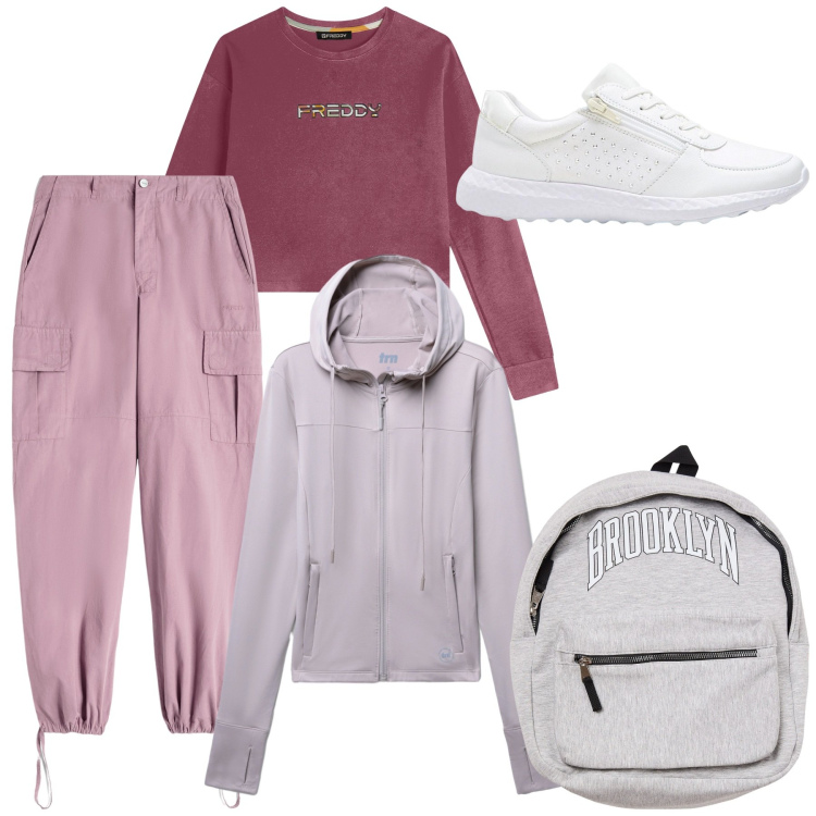 Outfit donna - Jokking. Stile Sporty chic per Sport. Abbinamento con sneakers, felpe sportive, borse sportive, pantaloni cargo, felpe.