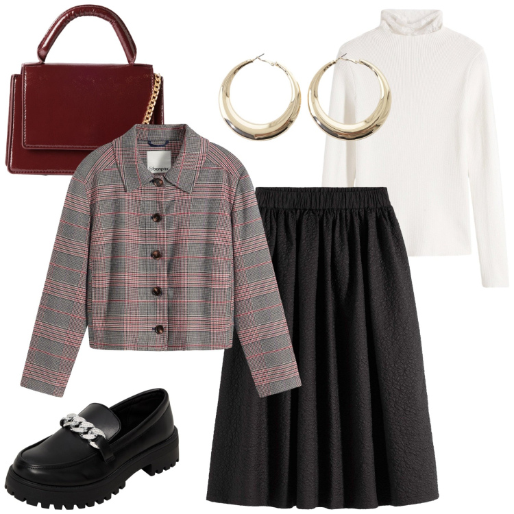 Outfit donna - Pomeriggi autunnali. Stile Casual per Tutti i giorni. Abbinamento con cappotti, gonne lunghe, maglieria, mocassini, borse a tracolla, orecchini.