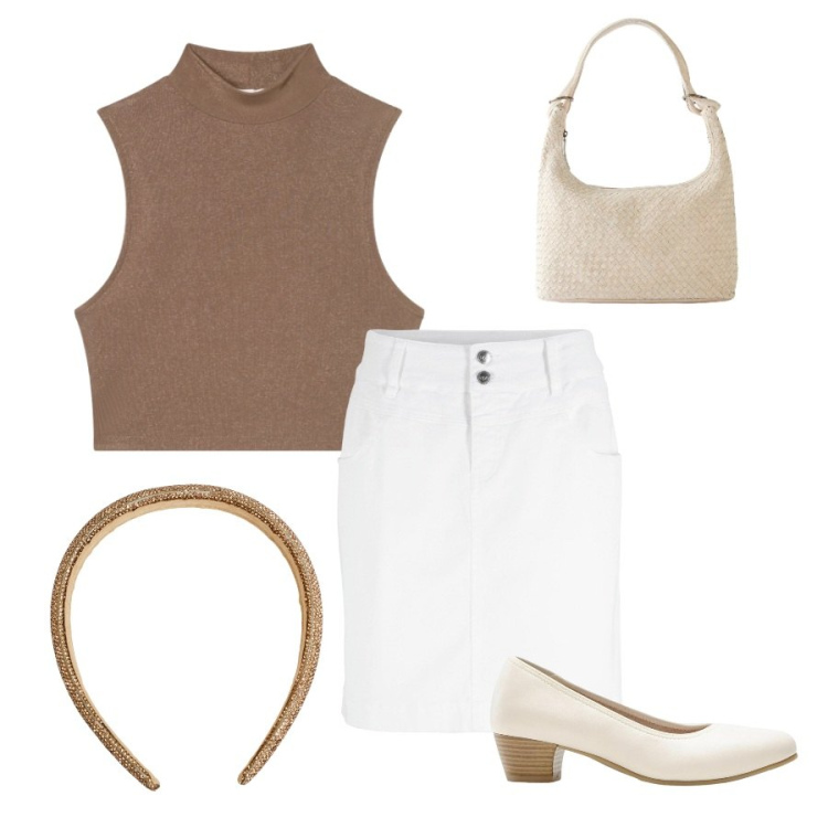 Outfit donna - Total beige. Stile Chic per Serata fuori. Abbinamento con minigonne, décolleté, shopping bag, cerchietti, top.
