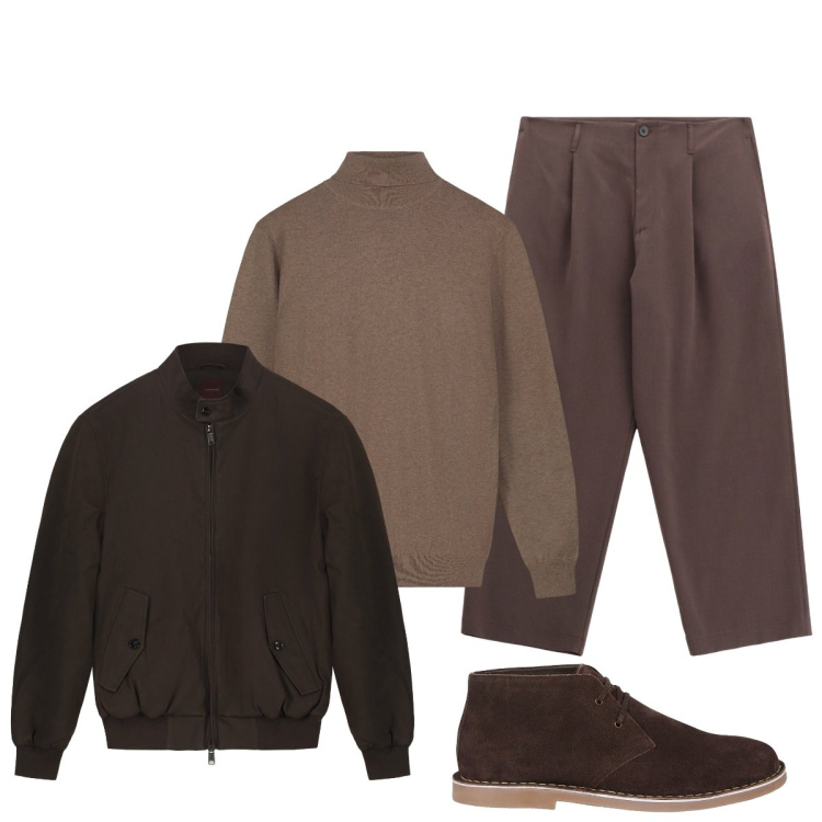 Outfit uomo - Total brown. Stile Urban per Tutti i giorni. Abbinamento con pantaloni, stivali e stivaletti, maglieria, bomber.