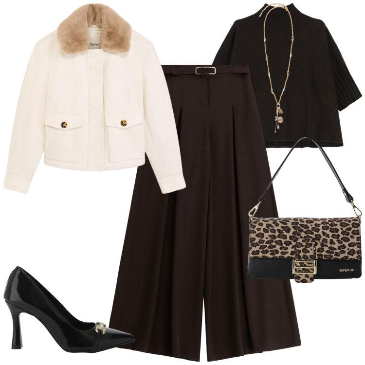 Outfit donna - City. Stile Trendy per Tutti i giorni. Abbinamento con piumini, pantaloni, maglieria, borse a spalla, décolleté, ciondoli.