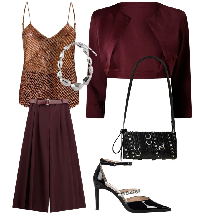 Outfit donna - Let\'s go party. Stile Chic Abbinamento con borse a spalla, canottiere, bolero, décolleté, pantaloni a palazzo, ciondoli.