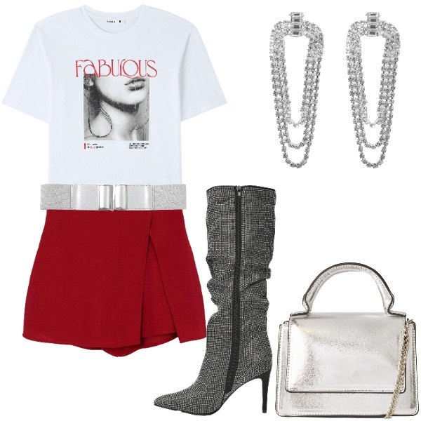 Outfit donna - Terranova saldi di mezza stagione. Stile Trendy per Serata fuori. Abbinamento con t-shirt, gonne, borse a tracolla, cinture, orecchini, stivali.