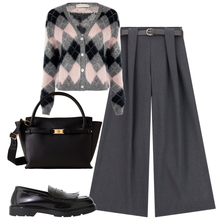 Outfit donna - City. Stile Trendy per Tutti i giorni. Abbinamento con pantaloni, mocassini, borse a mano, cardigans.