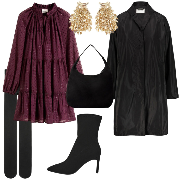 Outfit donna - Invito serata. per Serata fuori. Abbinamento con vestiti, collant, borse a mano, stivali, orecchini, trench.