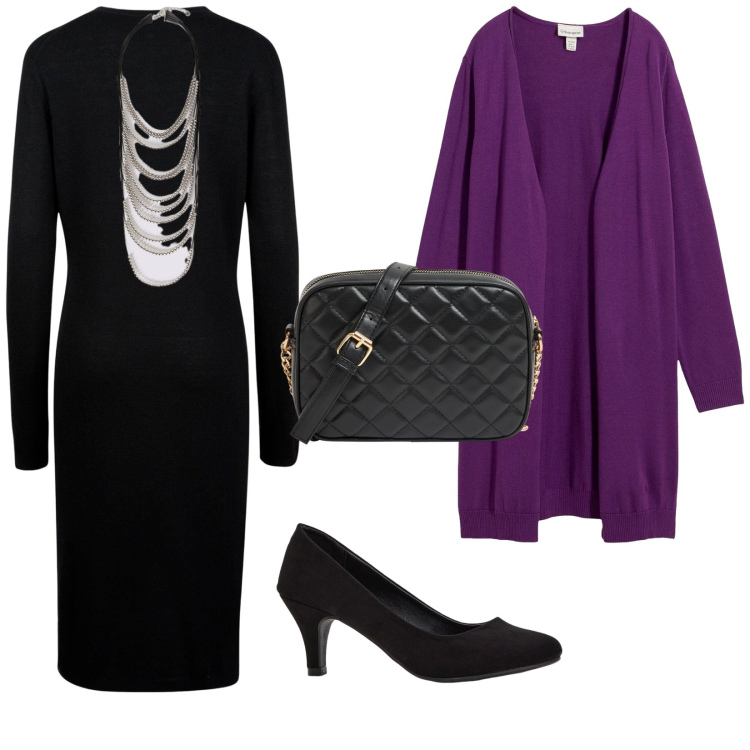 Outfit donna - Semplice ed elegante. per Serata fuori. Abbinamento con cardigans, décolleté, borse a tracolla, vestiti midi/longuette, collane.