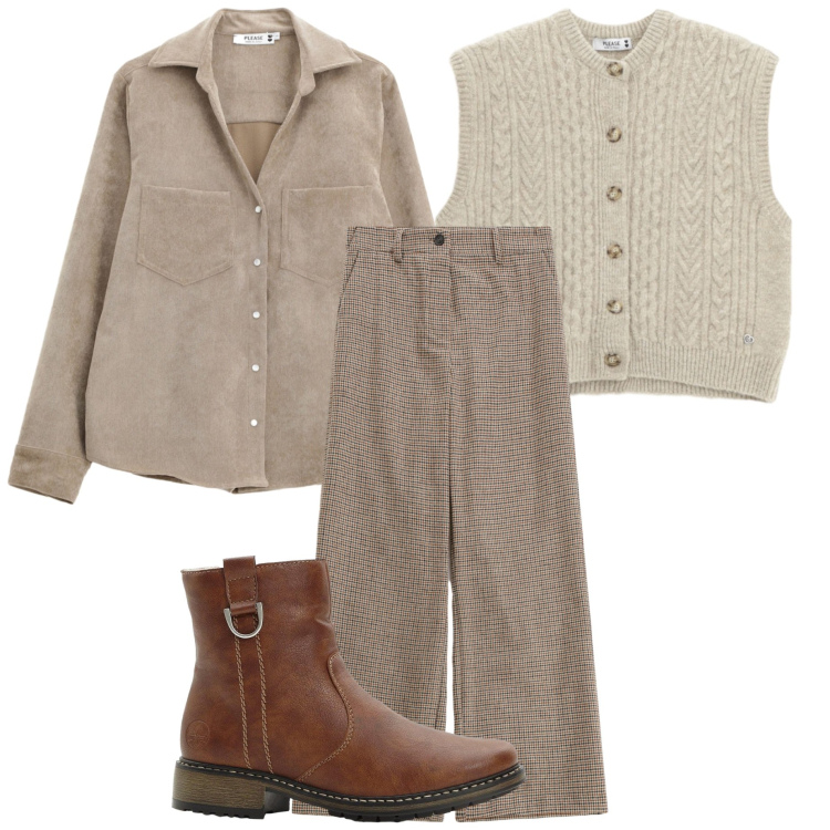 Outfit donna - Il gilet in lana. Stile Casual chic per Ufficio. Abbinamento con stivaletti, pantaloni a palazzo, gilet, camicie.