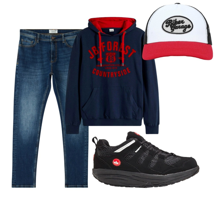 Outfit uomo - Total look #2268494. Stile Casual per Tutti i giorni. Abbinamento con felpe con cappuccio, sneakers, jeans skinny, cappelli con visiera.