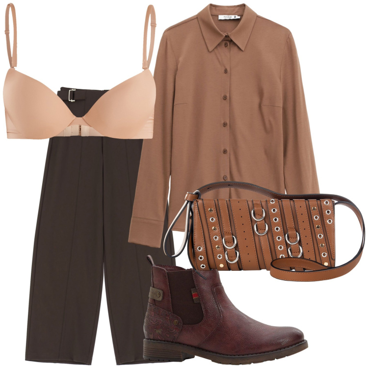 Outfit donna - Una camicia passepartout. Stile Urban per Ufficio. Abbinamento con stivaletti chelsea, reggiseni push-up, borse a spalla, camicie, pantaloni a palazzo.