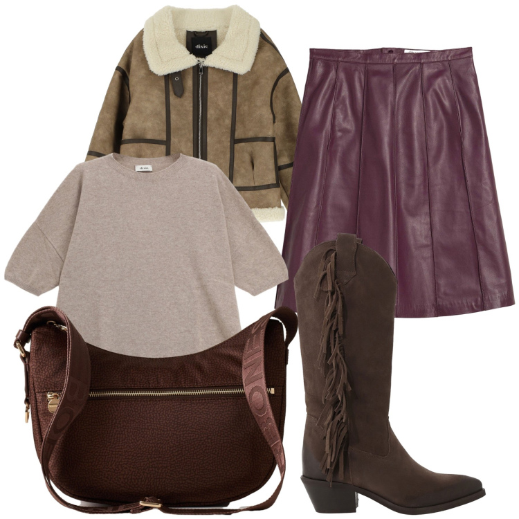 Outfit donna - Primi freddi. Stile Trendy per Tutti i giorni. Abbinamento con gonne, blazer, stivali, maglieria, borse a spalla.