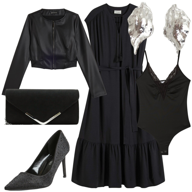 Outfit donna - Il nero di sera la scelta perfetta. Stile Chic per Serata fuori. Abbinamento con vestiti chemisier, pochette, décolleté, body, orecchini, giacche.
