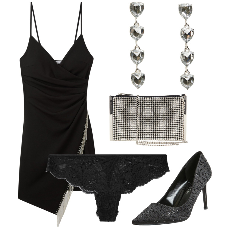 Outfit donna - A ballare con lui. Stile Sexy per Serata fuori. Abbinamento con décolleté, orecchini, vestiti corti, culotte, pochette.