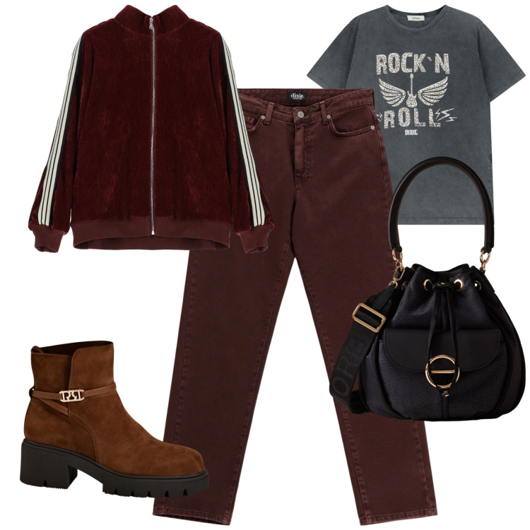 Outfit donna - Ottobre. Stile Casual chic per Tutti i giorni. Abbinamento con t-shirt, felpe, pantaloni, borse a secchiello, stivaletti.