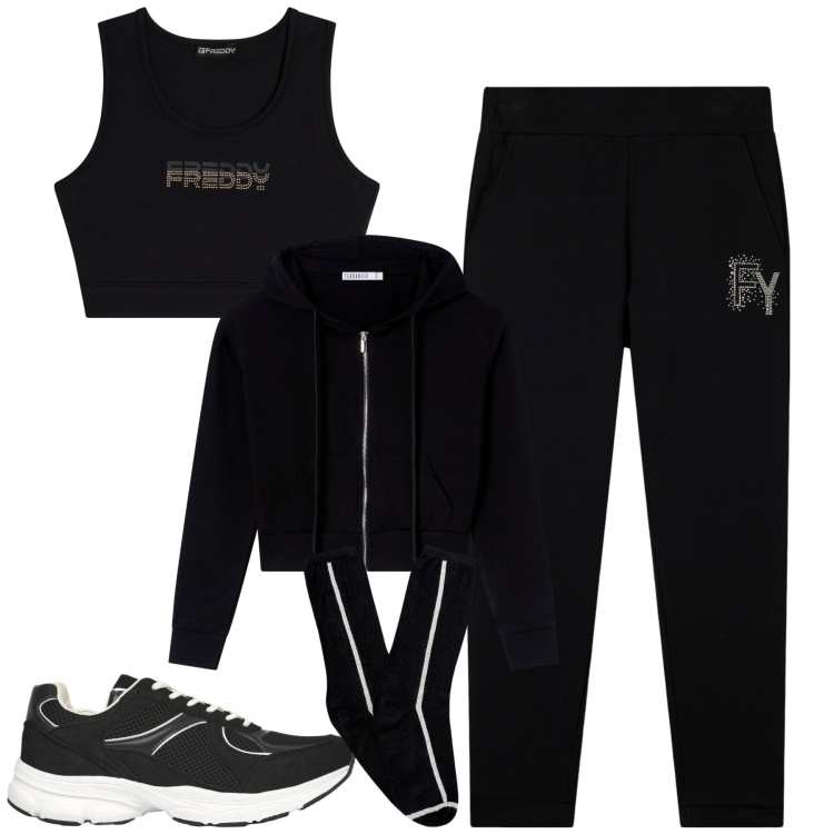 Outfit donna - Sporty. Stile Casual per Sport. Abbinamento con felpe con cappuccio, sneakers, pantaloni sportivi, top sportivi, calzini.