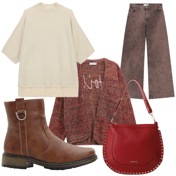 Outfit donna - Total look #2268501. Stile Casual per Tutti i giorni. Abbinamento con stivaletti, cardigans, pantaloni a palazzo, maglieria, borse a spalla.