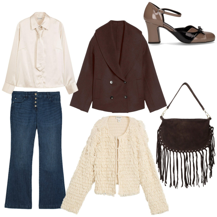 Outfit donna - Buttery chocolate. Stile Casual chic per Serata fuori. Abbinamento con camicie, cardigans, caban, borse a tracolla, décolleté, jeans.
