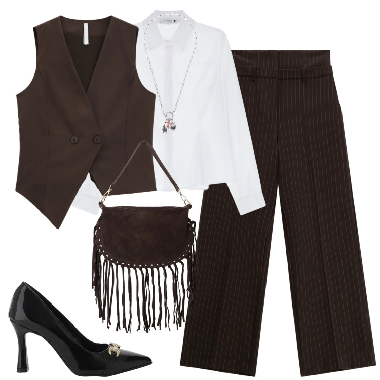 Outfit donna - I pantaloni imperial. Stile Trendy per Tutti i giorni. Abbinamento con borse a tracolla, camicie, gilet, décolleté, pantaloni, ciondoli.