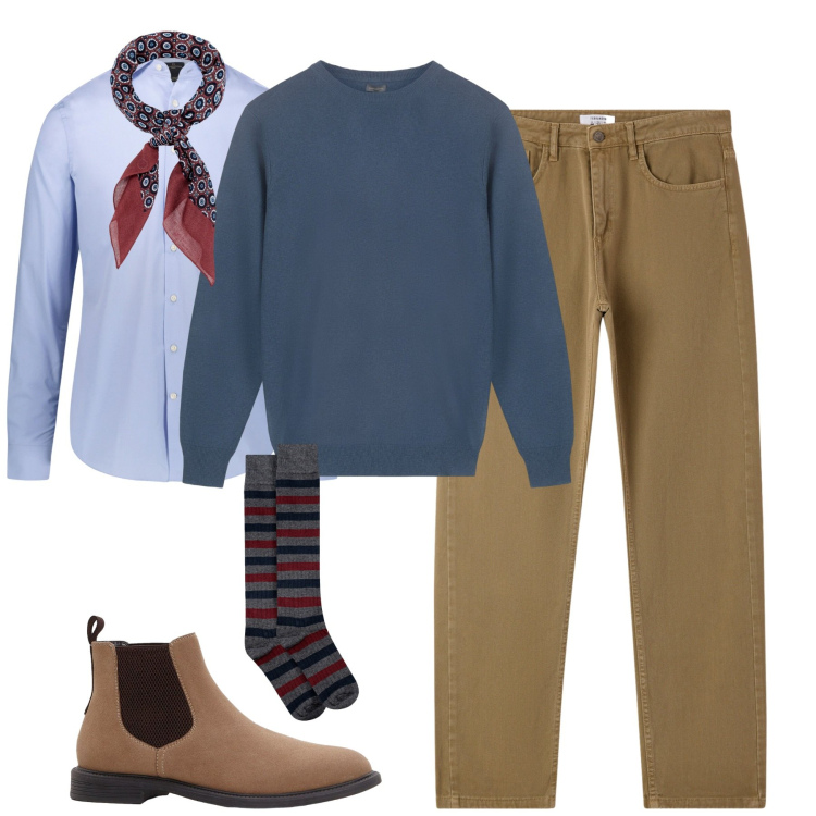 Outfit uomo - Ottobre. Stile Urban per Tutti i giorni. Abbinamento con stivali e stivaletti, jeans dritti, camicie, calzini, maglieria, sciarpe e foulard.
