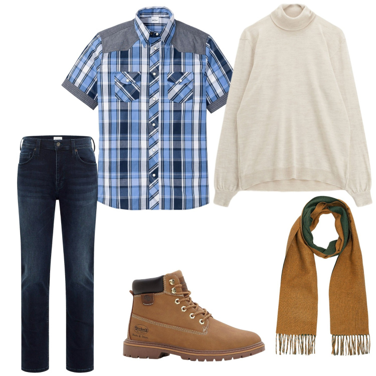 Outfit uomo - Look country. Stile Casual Abbinamento con camicie a manica corta, jeans slim fit, stivali e stivaletti, maglieria, sciarpe.