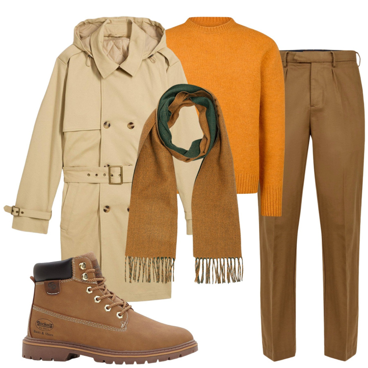 Outfit uomo - Un tocco di cammello. Stile Casual per Tutti i giorni. Abbinamento con stivali e stivaletti, trench, pantaloni, sciarpe, maglieria.