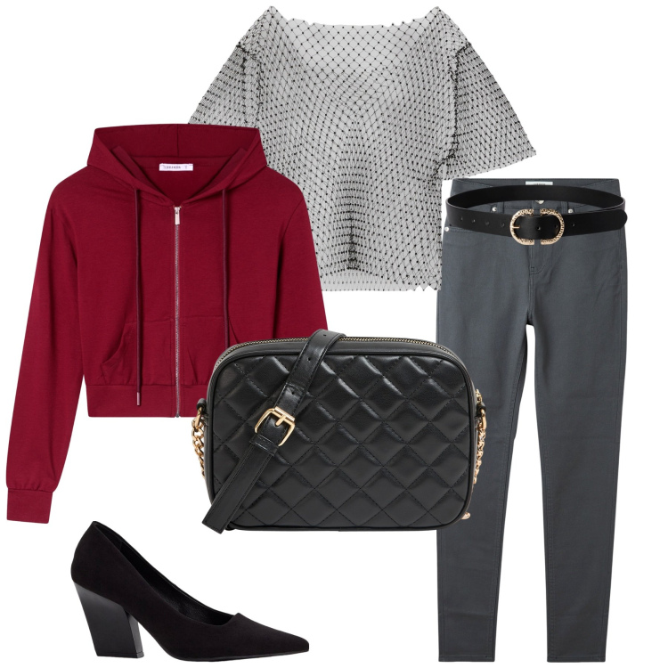 Outfit donna - Un giorno di sole. Stile Casual per Tutti i giorni. Abbinamento con décolleté, t-shirt, pantaloni skinny, borse a tracolla, cinture, felpe con cappuccio.