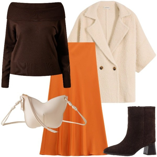 Outfit donna - solarità. Stile Casual chic per Tutti i giorni. Abbinamento con cardigans, stivaletti, borse a tracolla, maglieria, gonne lunghe.