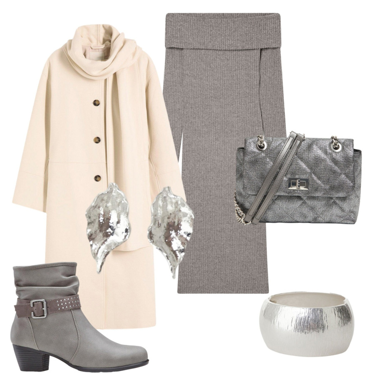 Outfit donna - Il pomeriggio in città. Stile Casual chic per Tutti i giorni. Abbinamento con stivaletti, cappotti, vestiti lunghi, borse a tracolla, orecchini, anelli.